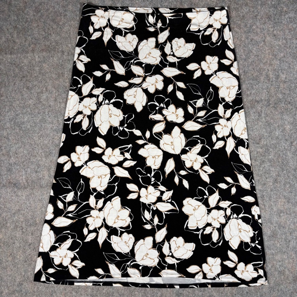J. Jill Floral Maxi‎ Skirt Womens L Black White Rayon Stretch A-Line KPT220951